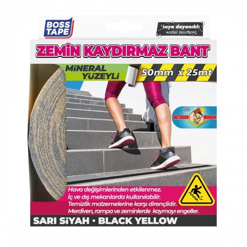 Boss Tape Kaydırmaz Bant Sarı Siyah 50X25MT Boss Tape Kaydırmaz Bant Sarı Siyah 50X25MT
