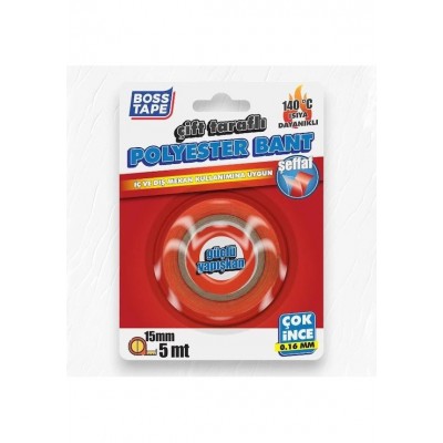 Boss Tape Polyester Çift Taraflı Isıya Dayanıklı Bant 1,6MM Şeffaf 15X5MT 140° BT-01038